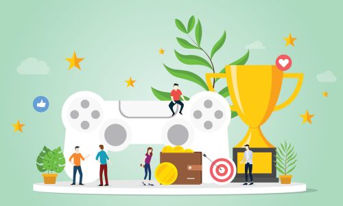 gamification life concept with goals reward and star with team people and big trophy with modern flat style - vector illustration