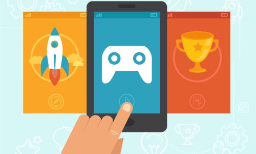 Vector gamification concept - digital device with touchscreen and game interface on it with award and achievement icons on background