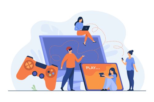 Gamers using different devices and playing on mobile phone, tablet, laptop, console. People enjoying VR 3G games. Vector illustration for cross play, game hardware concepts